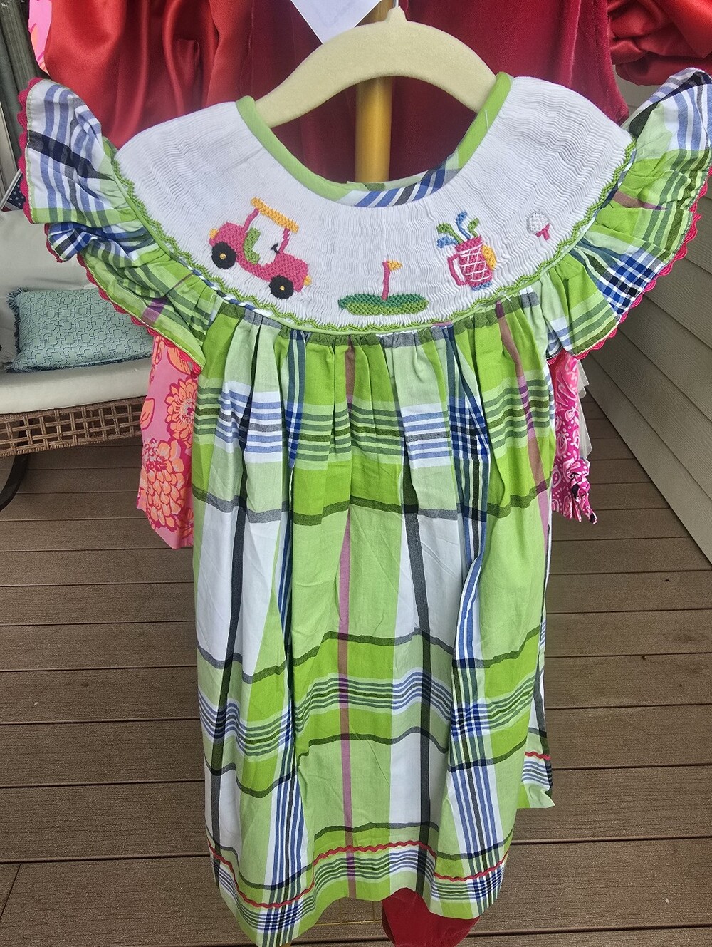 Green Plaid Smocked Girls Dress with Embroidered Collar babeeni 4t golf dress